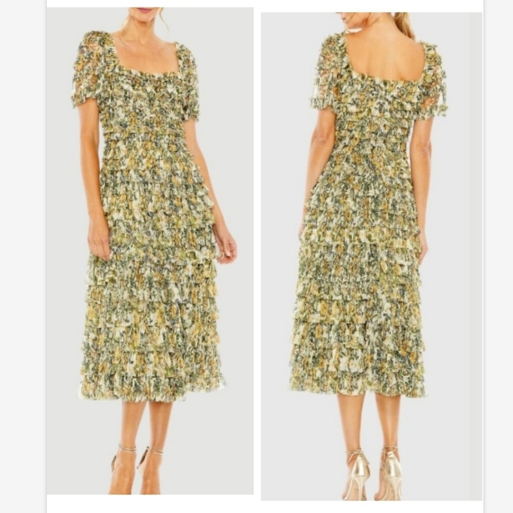 NWT Mac Duggal Multicolor Short Sleeve Micro Ruffle Tea Length Dress SZ 14 8232